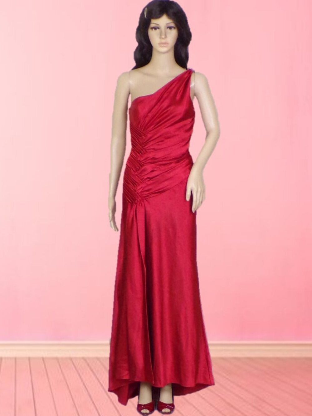 CINDERELLA DESIGN size XS red satin 1-shoulder full-length ball gown poly/span